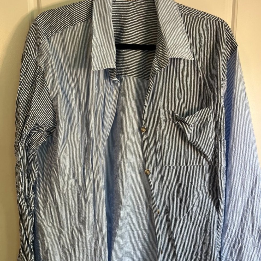 Two Tone Pinstripe Blue Button Down Top